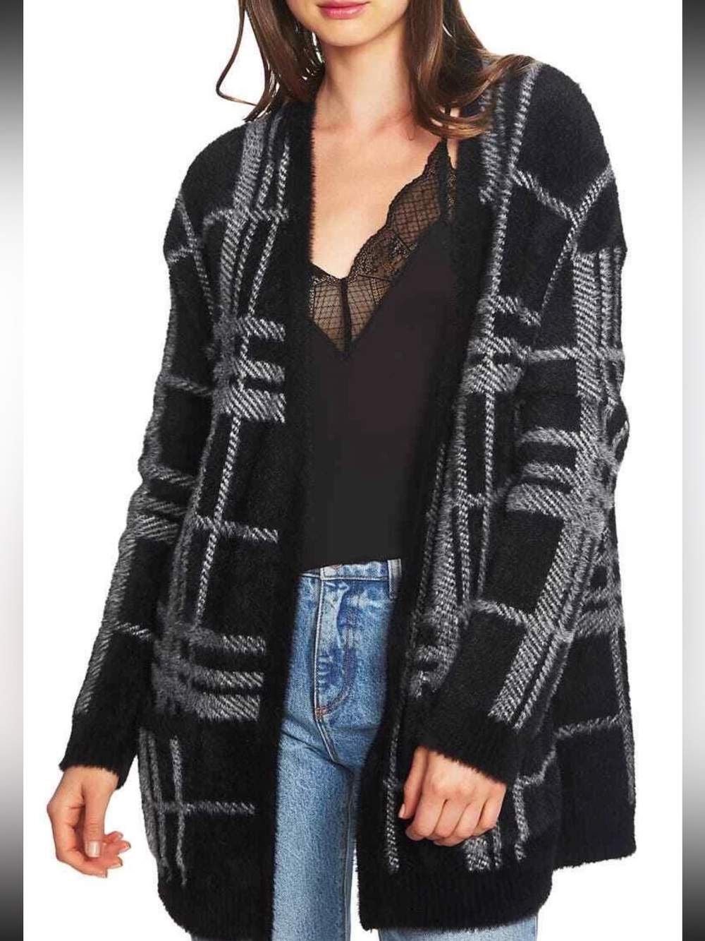 1.STATE Women's Plaid Eyelash Cardigan